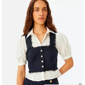 Koton Short Balloon Sleeve Crop Shirt With Tweed Detail White Navy Blue